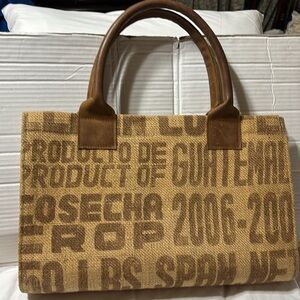 Stash recycled coffee beans bags fully lined with leather rolled handles. EUC